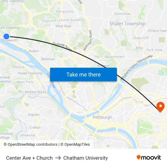 Center Ave + Church to Chatham University map