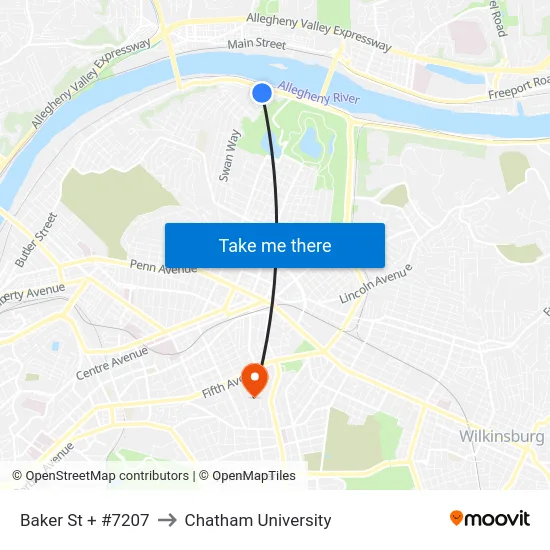 Baker St + #7207 to Chatham University map