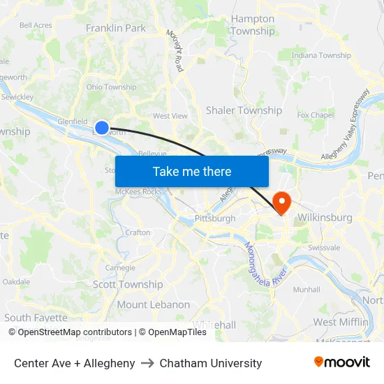 Center Ave + Allegheny to Chatham University map