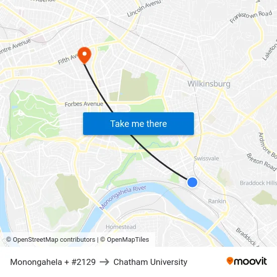 Monongahela + #2129 to Chatham University map