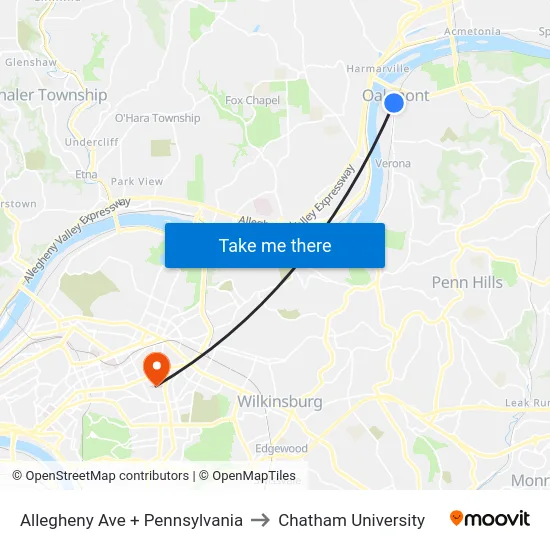 Allegheny Ave + Pennsylvania to Chatham University map