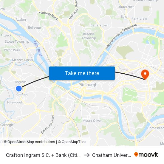 Crafton Ingram S.C. + Bank (Citizens) to Chatham University map