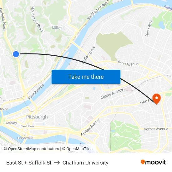 East St + Suffolk St to Chatham University map