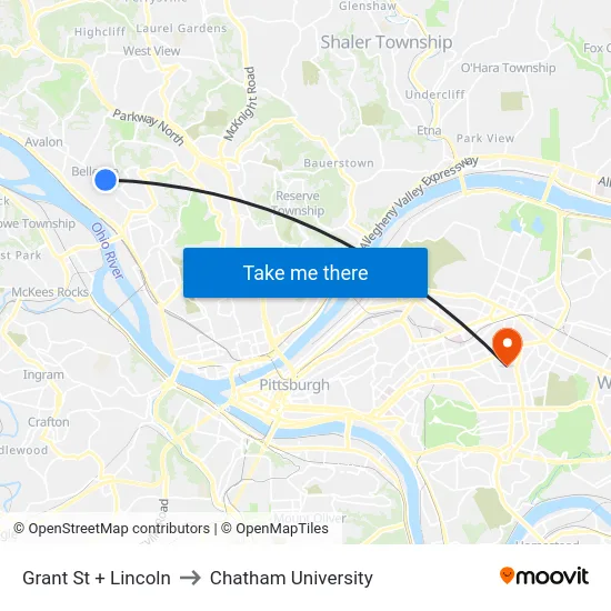 Grant St + Lincoln to Chatham University map