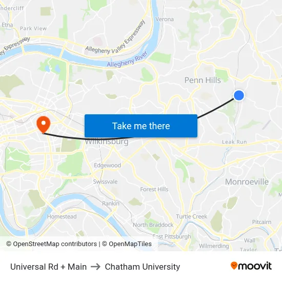 Universal Rd + Main to Chatham University map