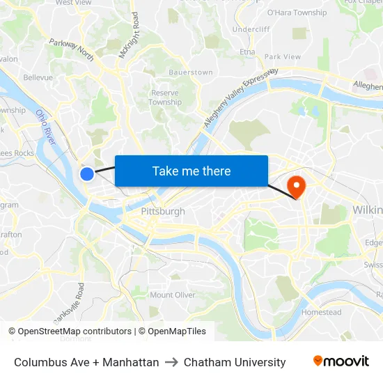 Columbus Ave + Manhattan to Chatham University map