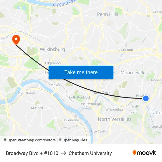 Broadway Blvd + #1010 to Chatham University map