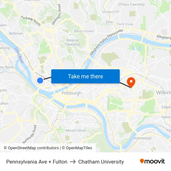 Pennsylvania Ave + Fulton to Chatham University map