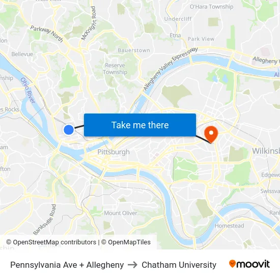 Pennsylvania Ave + Allegheny to Chatham University map