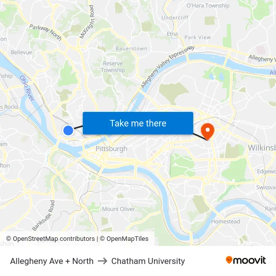 Allegheny Ave + North to Chatham University map