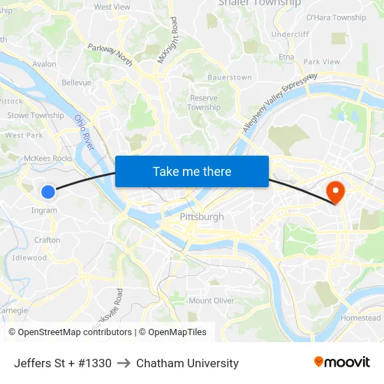 Jeffers St + #1330 to Chatham University map