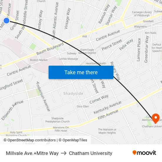 Millvale Ave.+Mitre Way to Chatham University map