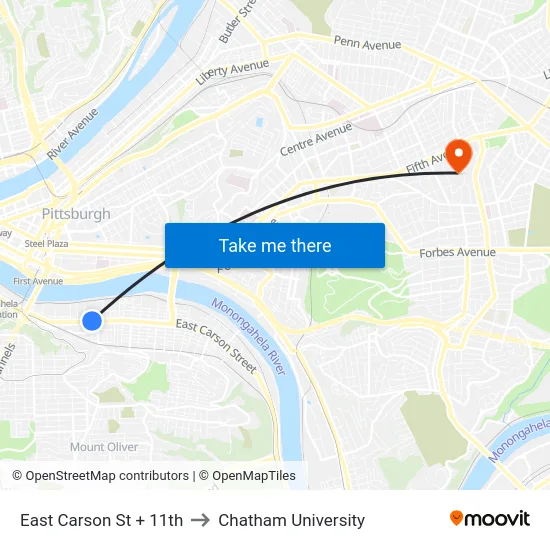 East Carson St + 11th to Chatham University map