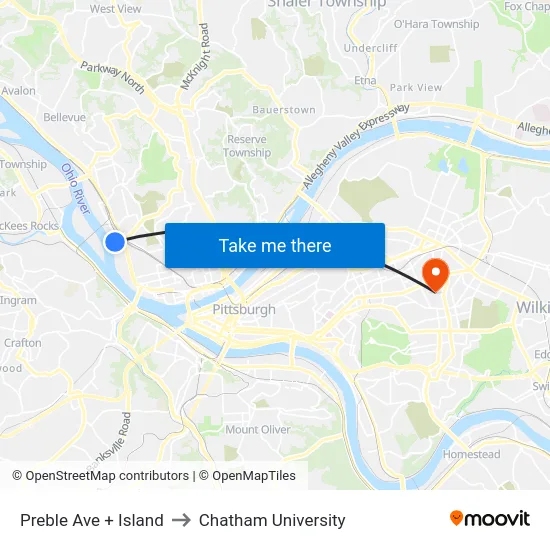 Preble Ave + Island to Chatham University map
