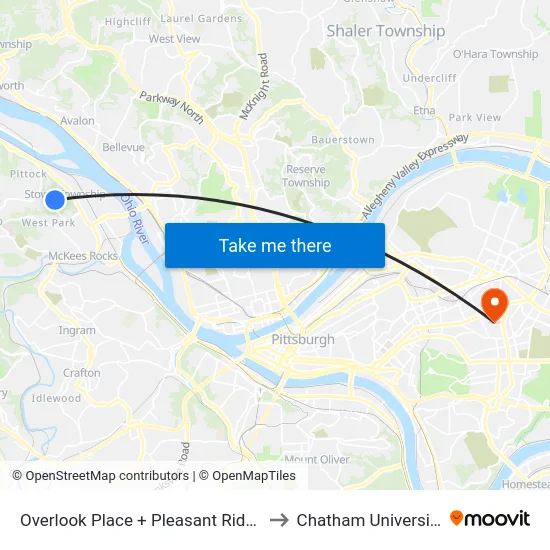 Overlook Place + Pleasant Ridge to Chatham University map