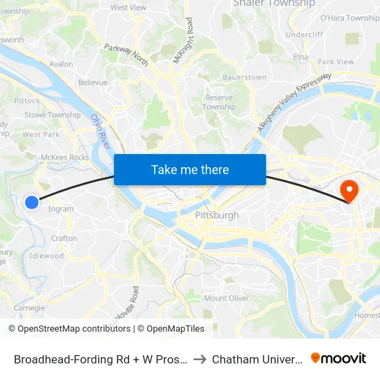 Broadhead-Fording Rd + W Prospect to Chatham University map