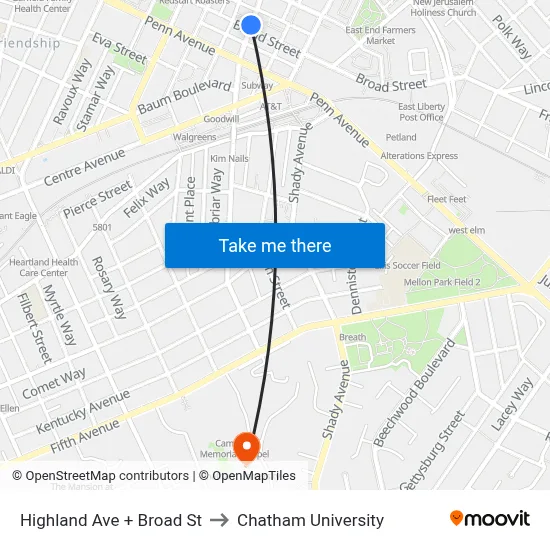 Highland Ave + Broad St to Chatham University map