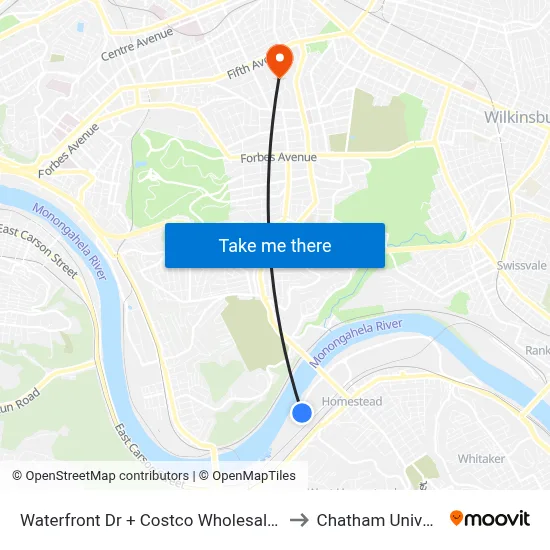 Waterfront Dr + Costco Wholesale Drvwy to Chatham University map