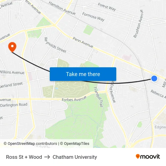 Ross St + Wood to Chatham University map