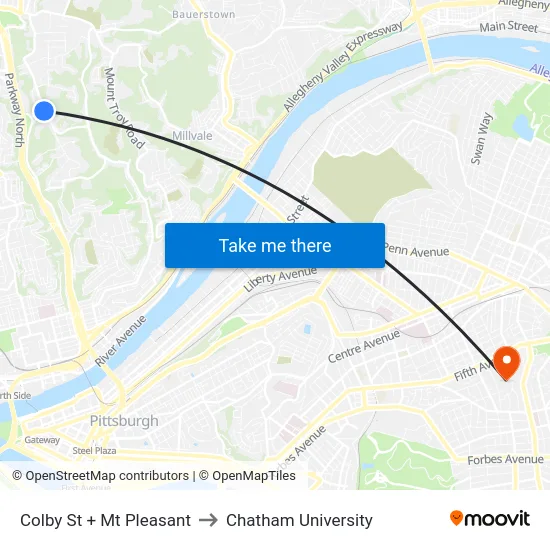 Colby St + Mt Pleasant to Chatham University map