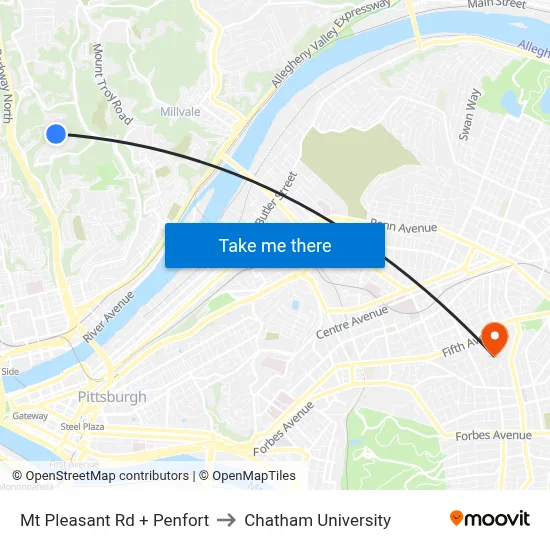 Mt Pleasant Rd + Penfort to Chatham University map