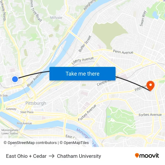East Ohio + Cedar to Chatham University map