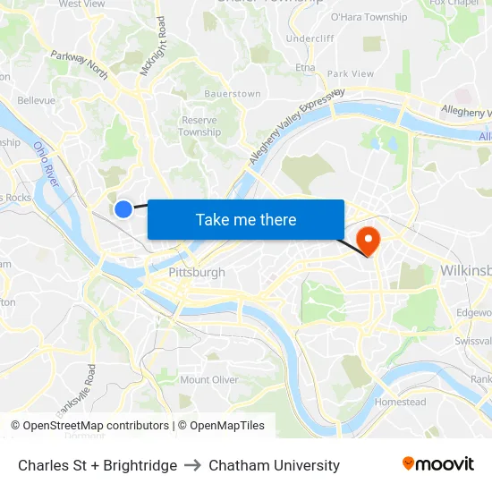 Charles St + Brightridge to Chatham University map