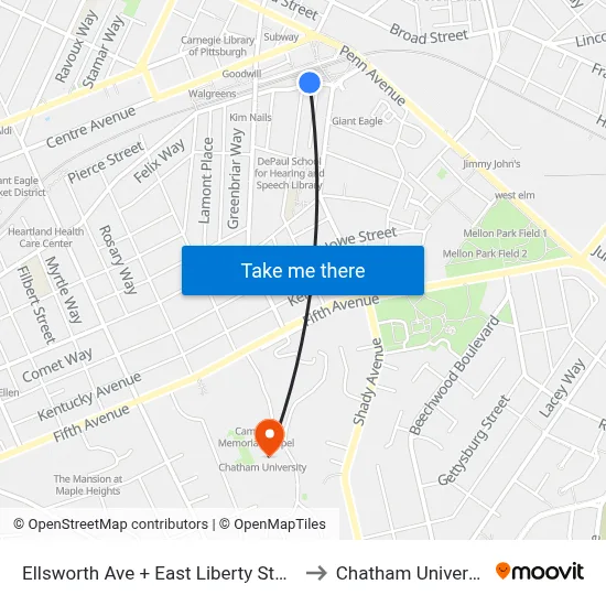 Ellsworth Ave + East Liberty Station to Chatham University map