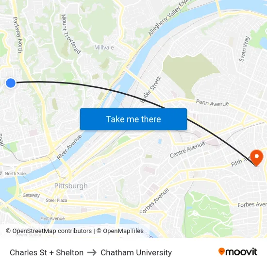 Charles St + Shelton to Chatham University map