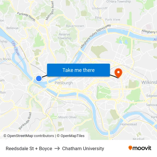 Reedsdale St + Boyce to Chatham University map