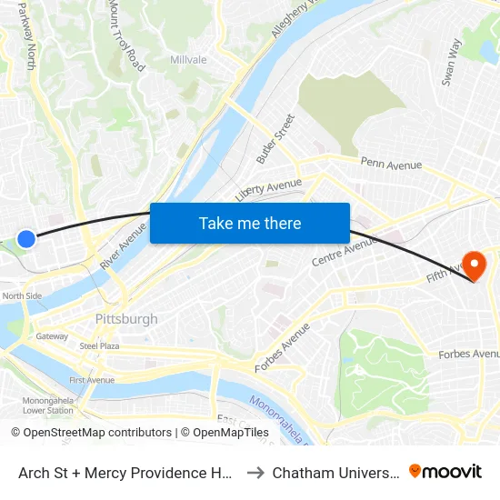 Arch St + Mercy Providence Hosp to Chatham University map