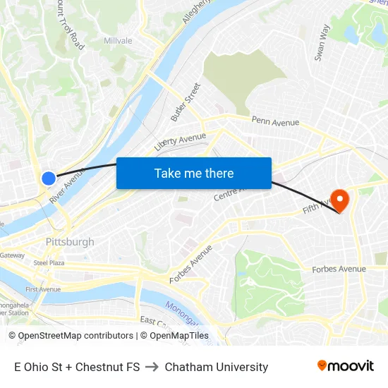 E Ohio St + Chestnut FS to Chatham University map
