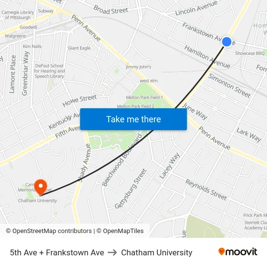 5th Ave + Frankstown Ave to Chatham University map