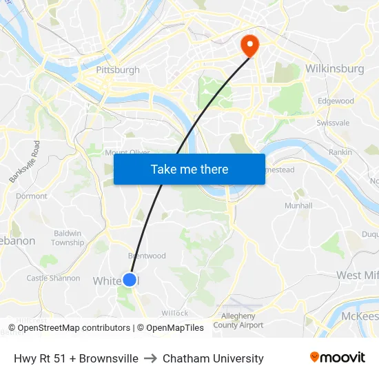 Hwy Rt 51 + Brownsville to Chatham University map