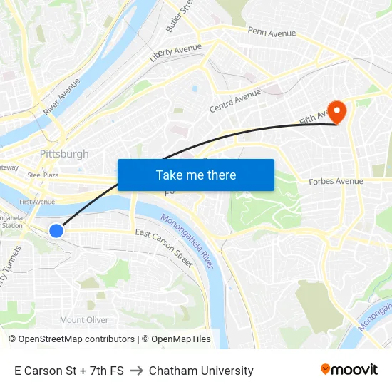 E Carson St + 7th FS to Chatham University map