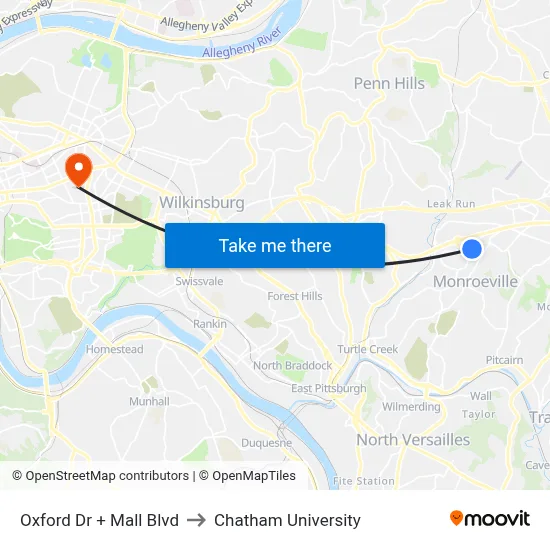 Oxford Dr + Mall Blvd to Chatham University map