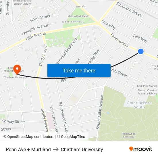 Penn Ave + Murtland to Chatham University map