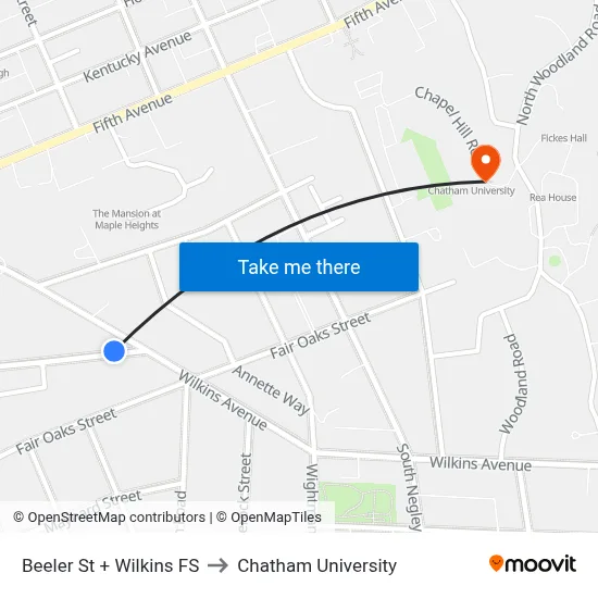 Beeler St + Wilkins FS to Chatham University map
