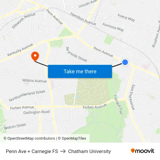 Penn Ave + Carnegie FS to Chatham University map
