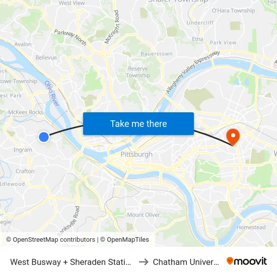 West Busway + Sheraden Station A to Chatham University map
