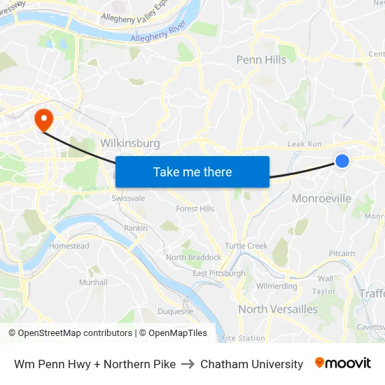 Wm Penn Hwy + Northern Pike to Chatham University map