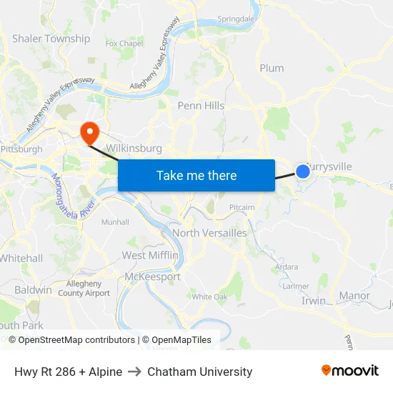 Hwy Rt 286 + Alpine to Chatham University map