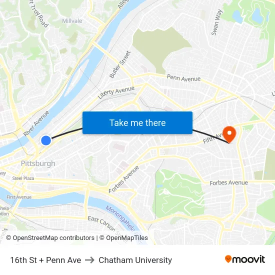 16th St + Penn Ave to Chatham University map