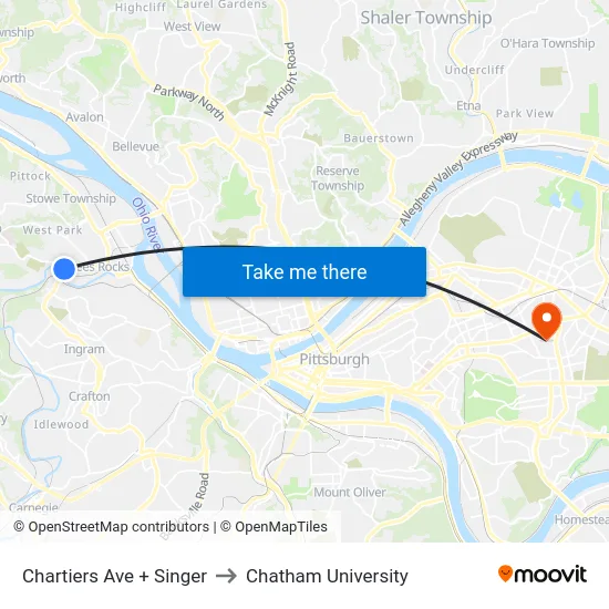 Chartiers Ave + Singer to Chatham University map
