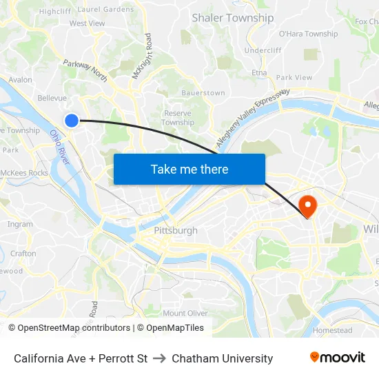 California Ave + Perrott St to Chatham University map