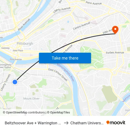 Beltzhoover Ave + Warrington Ns to Chatham University map
