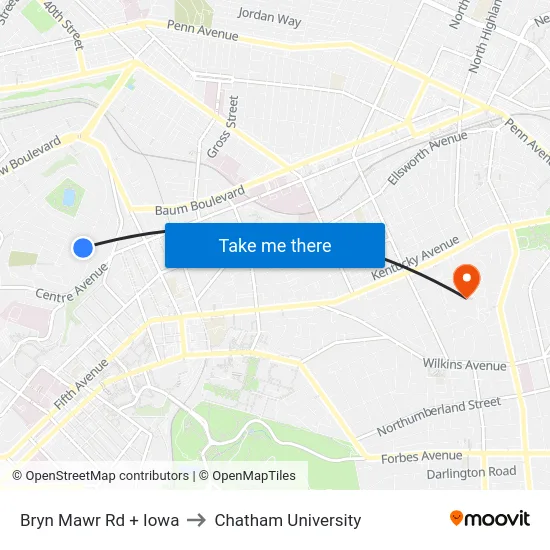 Bryn Mawr Rd + Iowa to Chatham University map