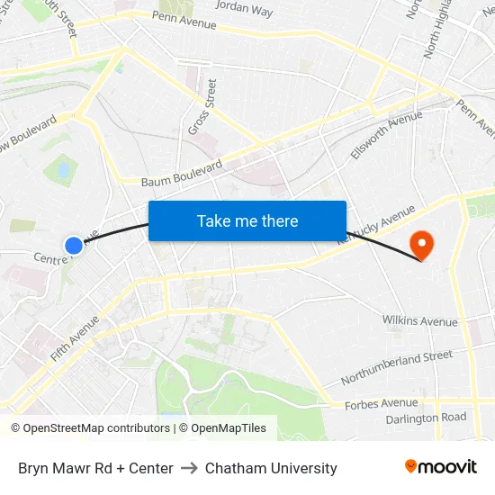 Bryn Mawr Rd + Center to Chatham University map