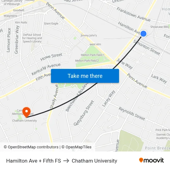 Hamilton Ave + Fifth FS to Chatham University map