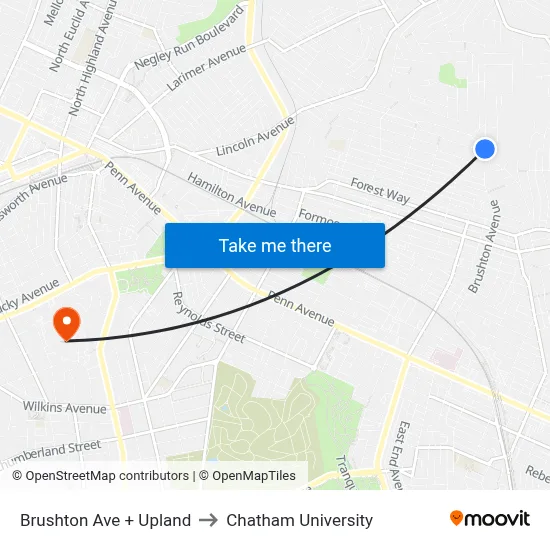 Brushton Ave + Upland to Chatham University map